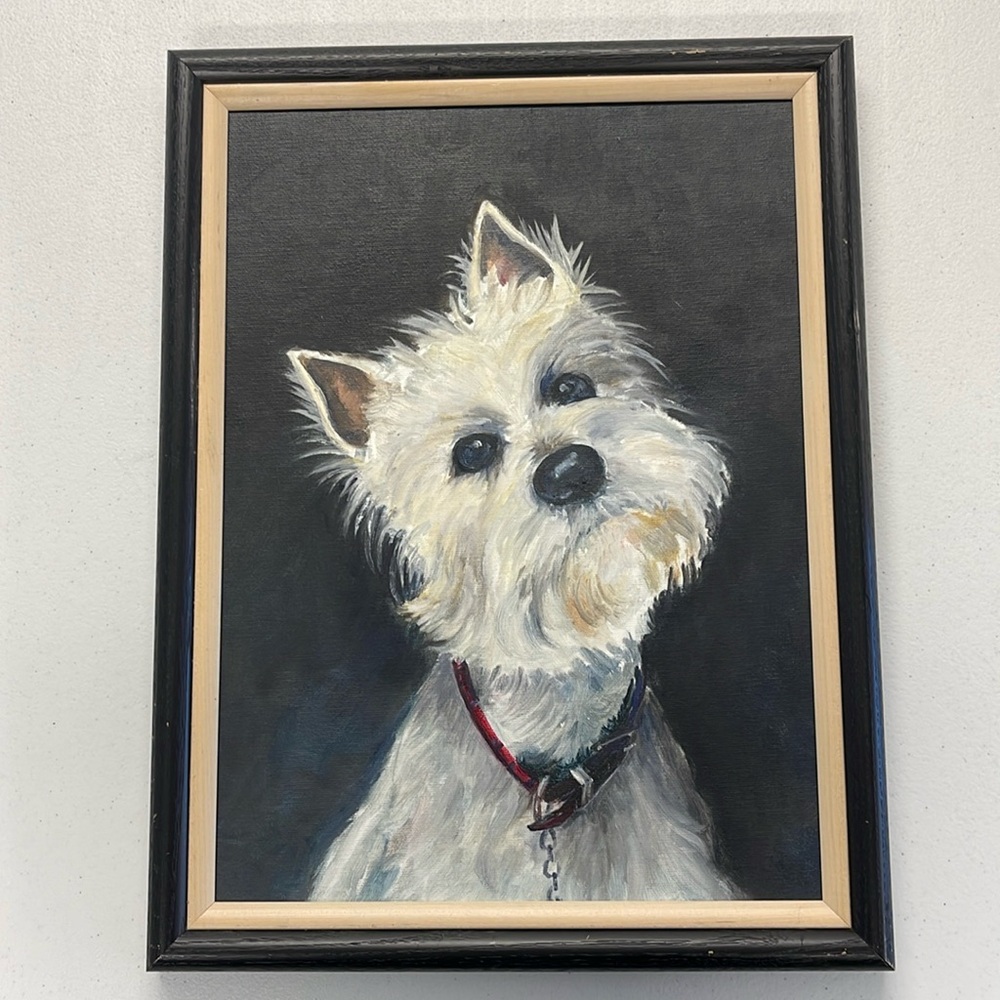Framed Portrait Painting of White Terrier Dog, 12x16